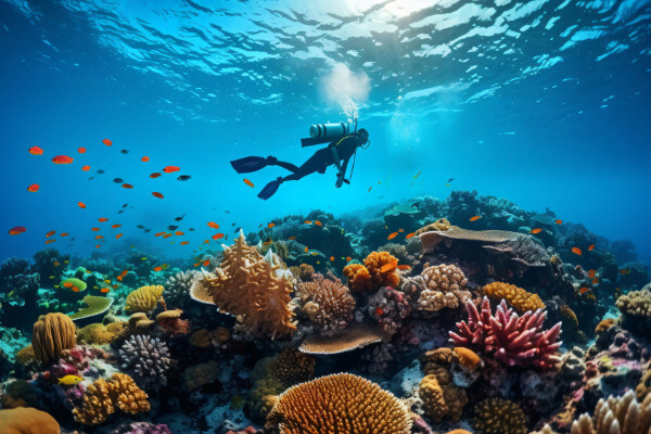 Scuba diver above coral reef